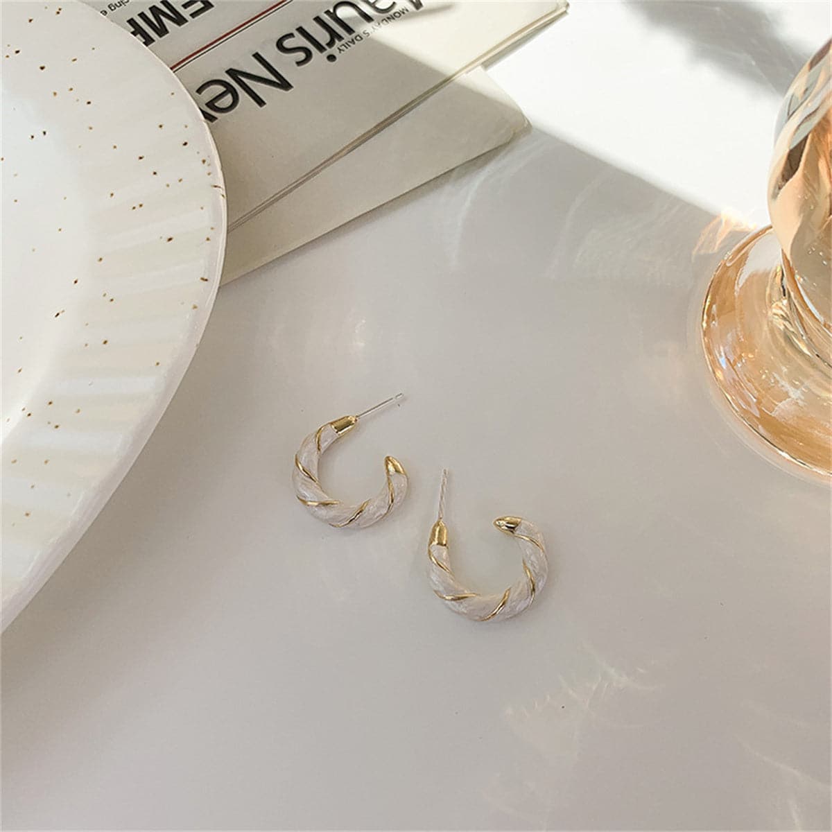 White Enamel & 18K Gold-Plated Twine Huggie Earrings