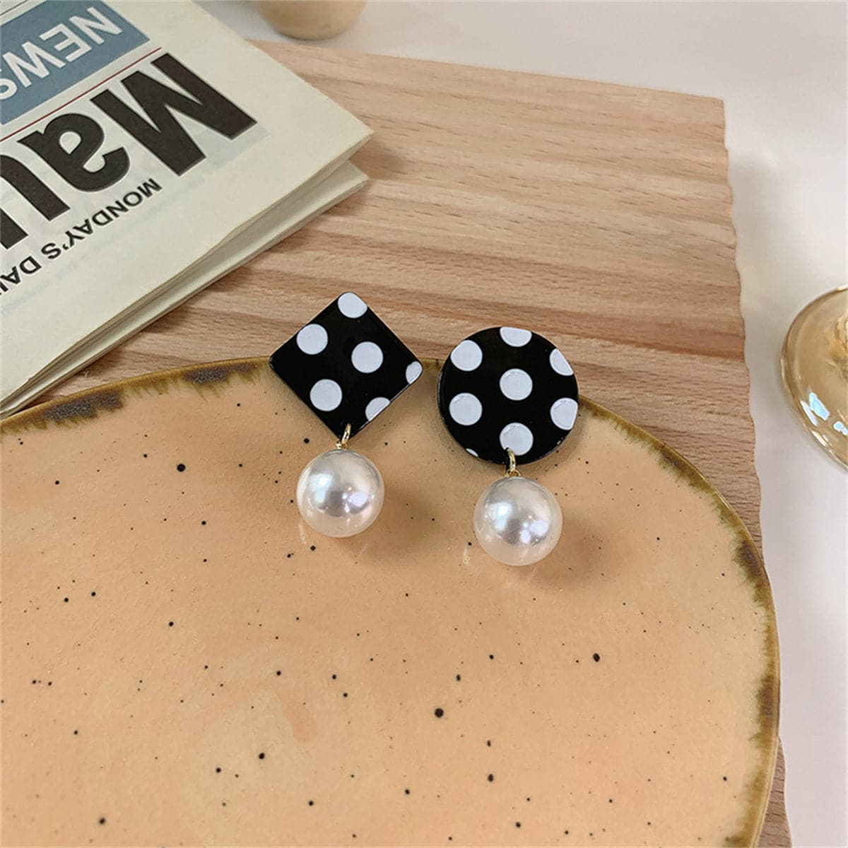 Black Acrylic and Pearl Spotted Geometric Mismatched Drop Earrings, drop earrings for women, elegant gift for her, side view