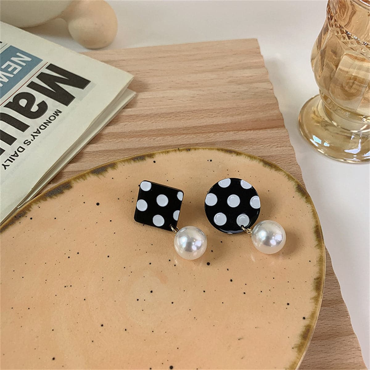 Black Acrylic & Pearl Spotted Geometric Mismatched Drop Earrings