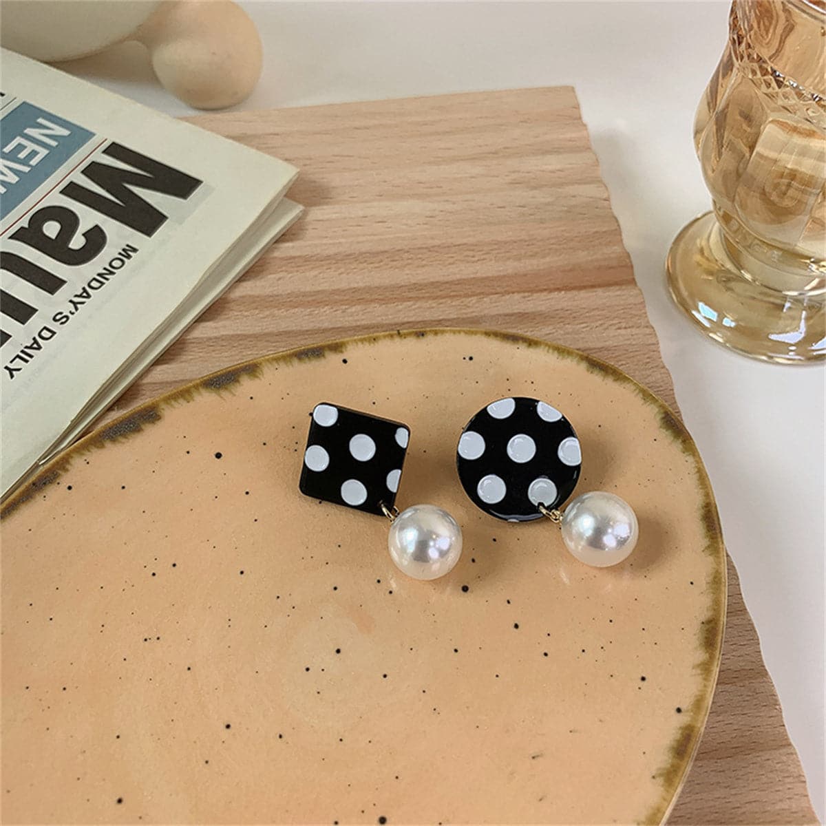 Black Acrylic and Pearl Spotted Geometric Mismatched Drop Earrings, drop earrings for women, lifestyle look
