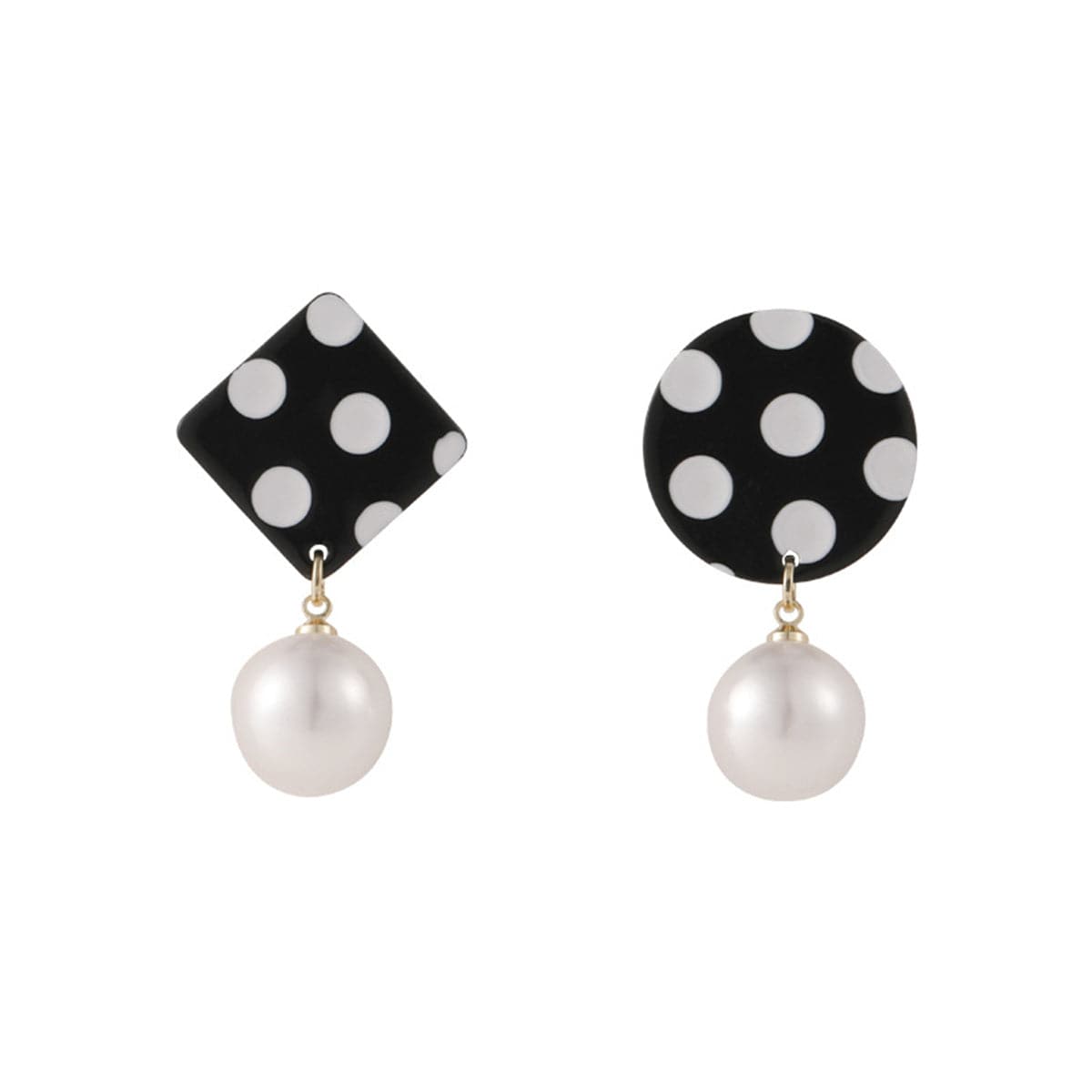 Black Acrylic and Pearl Spotted Geometric Mismatched Drop Earrings, drop earrings for women, elegant gift for her, front view