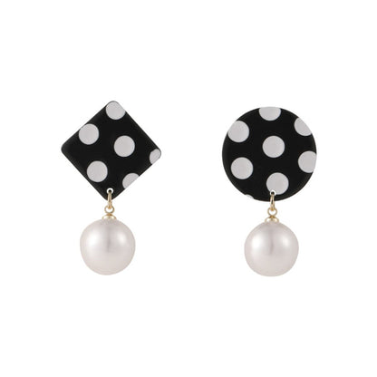 Black Acrylic and Pearl Spotted Geometric Mismatched Drop Earrings, drop earrings for women, elegant gift for her, front view