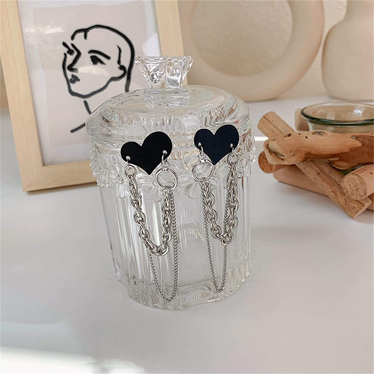 Black Acrylic and Silver-Plated Heart Chain Tassel Drop Earrings, silver drop earrings for women, side view