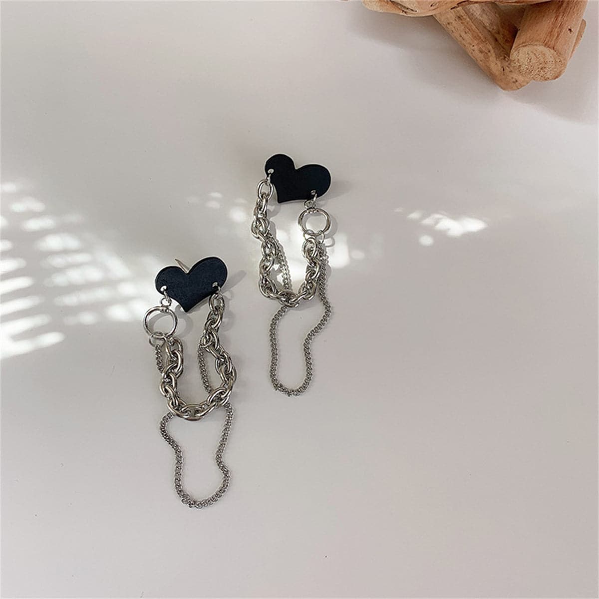 Black Acrylic and Silver-Plated Heart Chain Tassel Drop Earrings, silver drop earrings for women, detail close-up