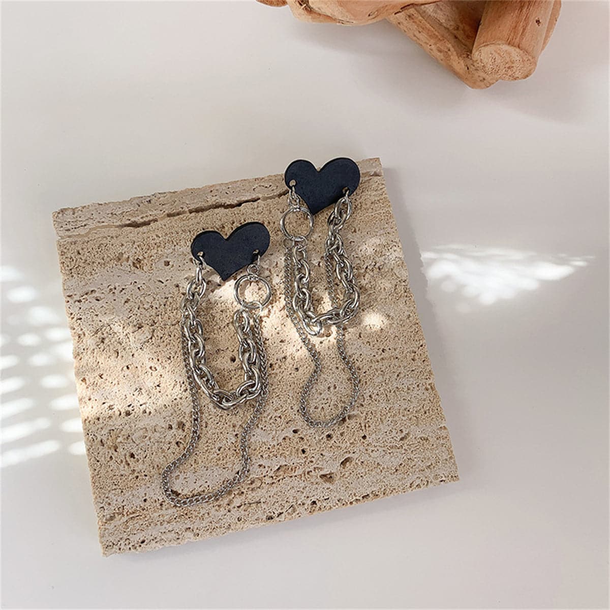 Black Acrylic and Silver-Plated Heart Chain Tassel Drop Earrings, silver drop earrings for women, lifestyle look