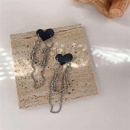 Black Acrylic and Silver-Plated Heart Chain Tassel Drop Earrings, silver drop earrings for women, styled look