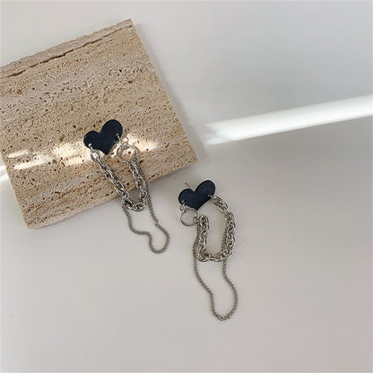 Black Acrylic & Silver-Plated Heart Chain Tassel Drop Earrings
