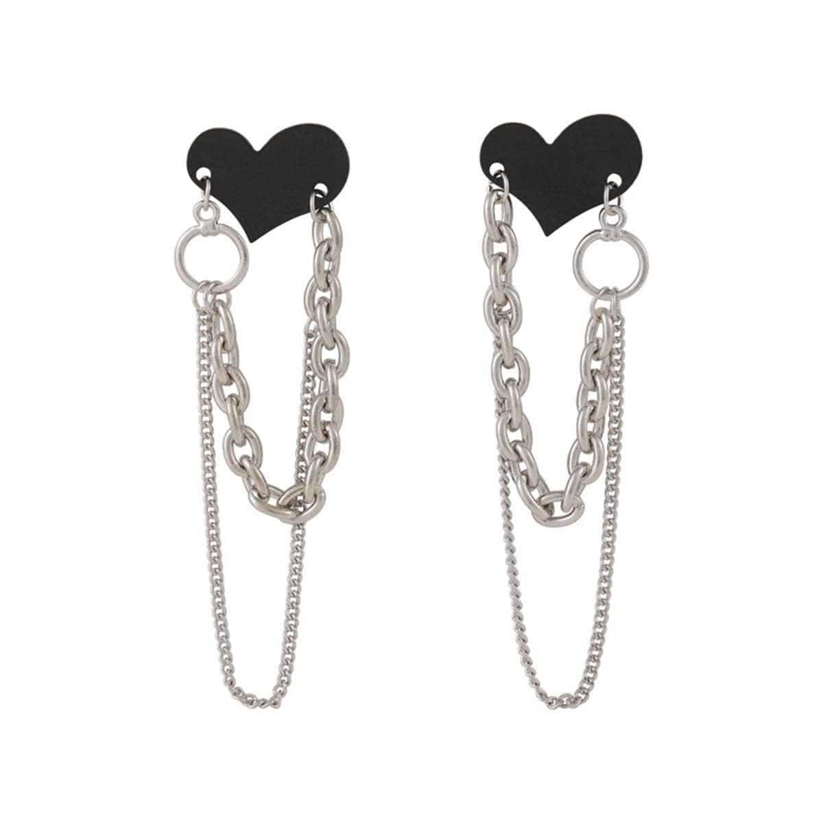 Black Acrylic and Silver-Plated Heart Chain Tassel Drop Earrings, silver drop earrings for women, front view