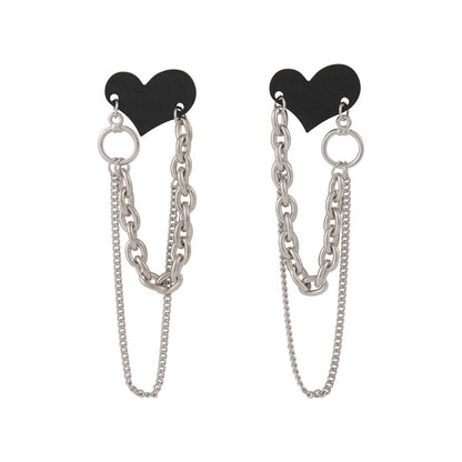 Black Acrylic and Silver-Plated Heart Chain Tassel Drop Earrings, silver drop earrings for women, front view