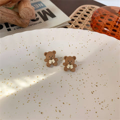 Coffee & Silver-plated Bear Stud Earrings