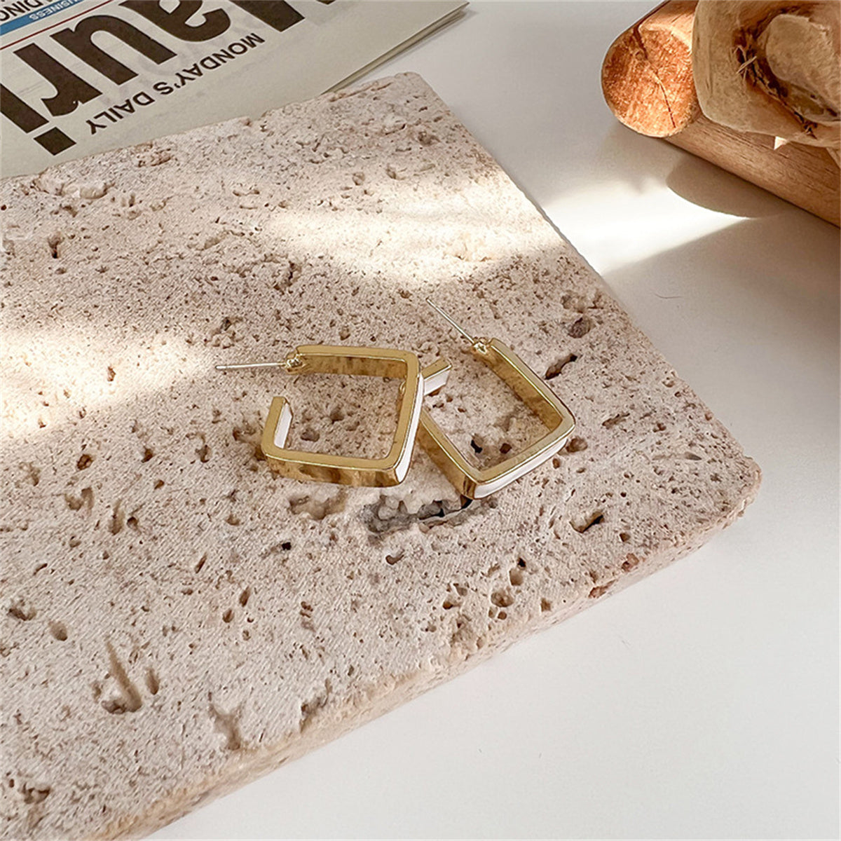 White Enamel and 18K Gold-Plated Open Square Huggie Earring, gold huggie earrings, everyday style, front view