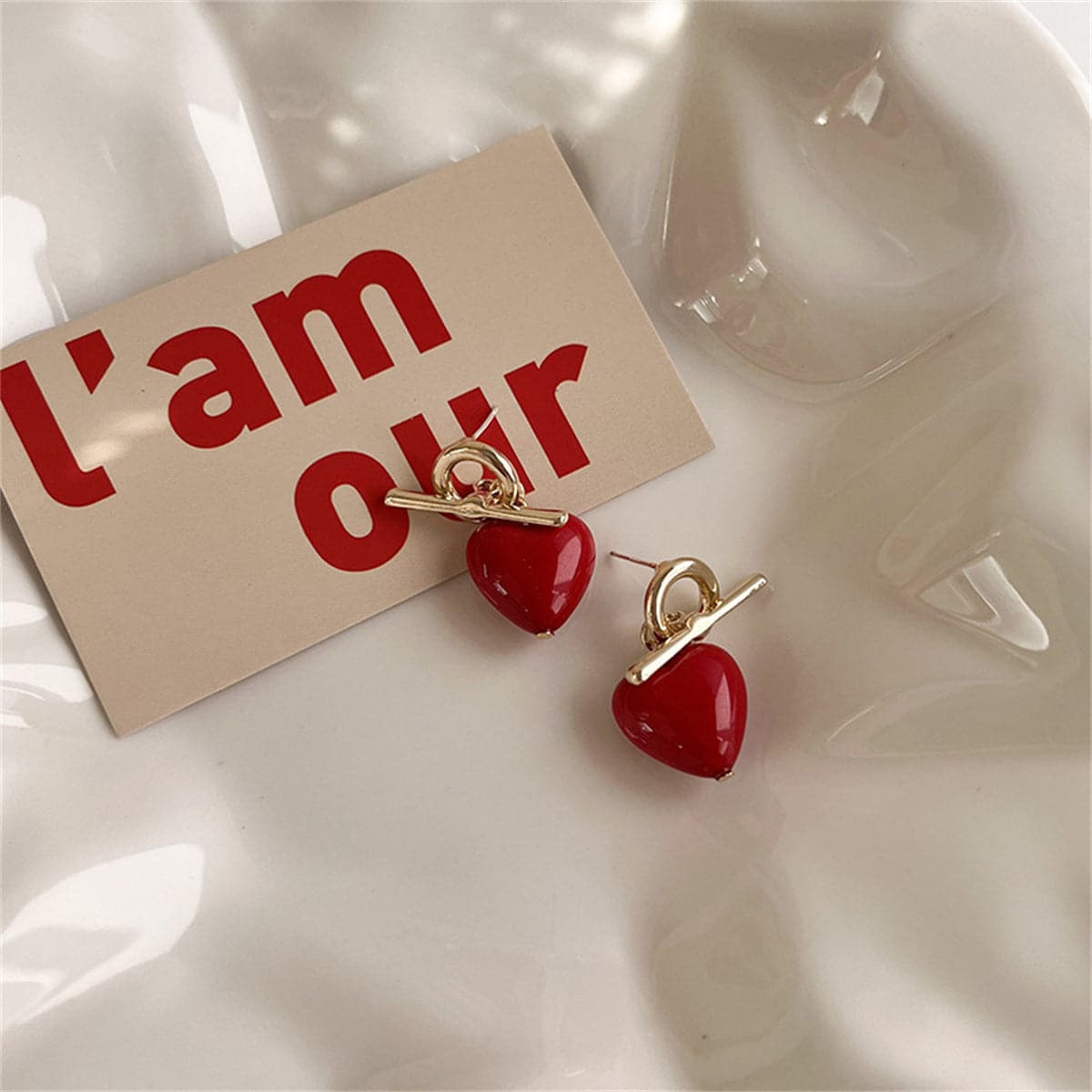 Red Resin and 18K Gold-Plated Toggle Heart Drop Earrings, gold drop earrings for women, everyday style, side view