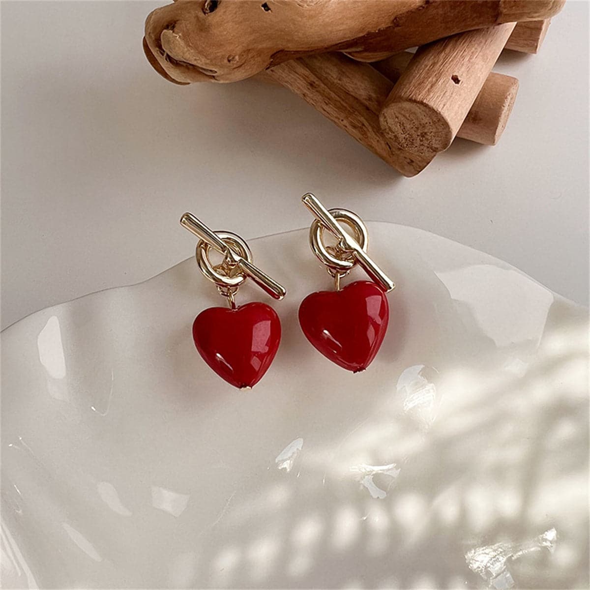 Red Resin and 18K Gold-Plated Toggle Heart Drop Earrings, gold drop earrings for women, everyday style, detail close-up