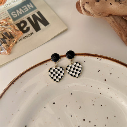 Black and White Enamel Checkerboard Tiered Heart Drop Earrings, drop earrings for women, vintage-inspired design, front view