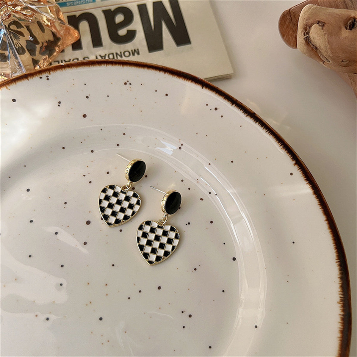 Black and White Enamel Checkerboard Tiered Heart Drop Earrings, drop earrings for women, detail close-up