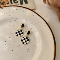 White & Black Enamel Checkerboard Round Drop Earrings