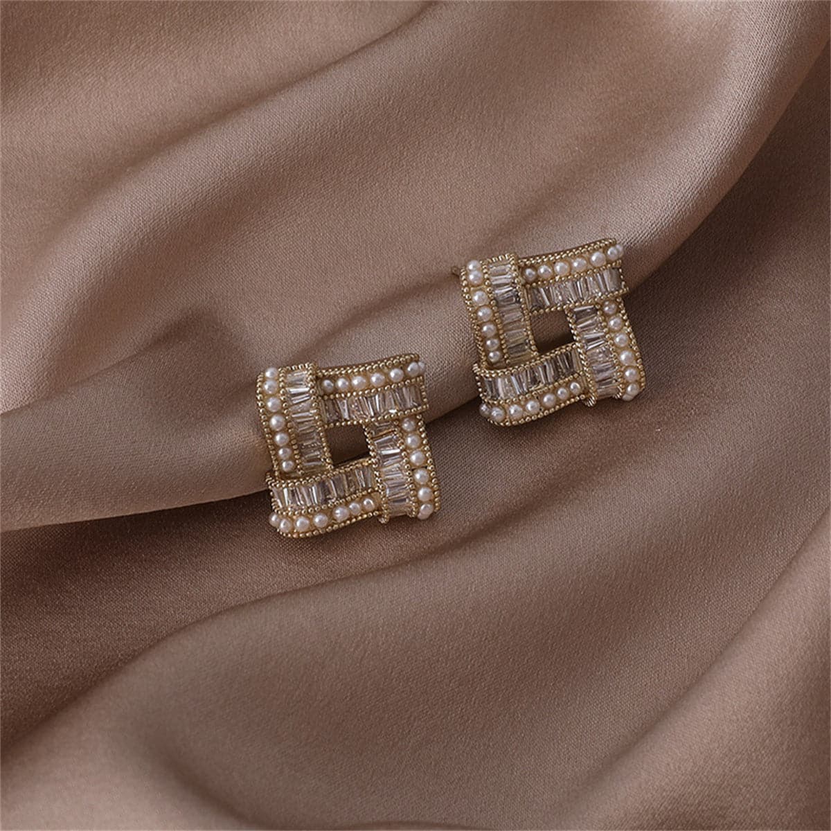 Cubic Zirconia & Pearl Open Square Stud Earrings