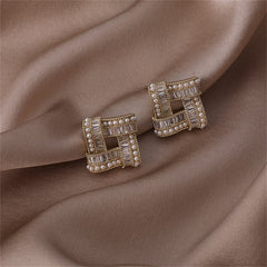 Cubic Zirconia & Pearl Open Square Stud Earrings