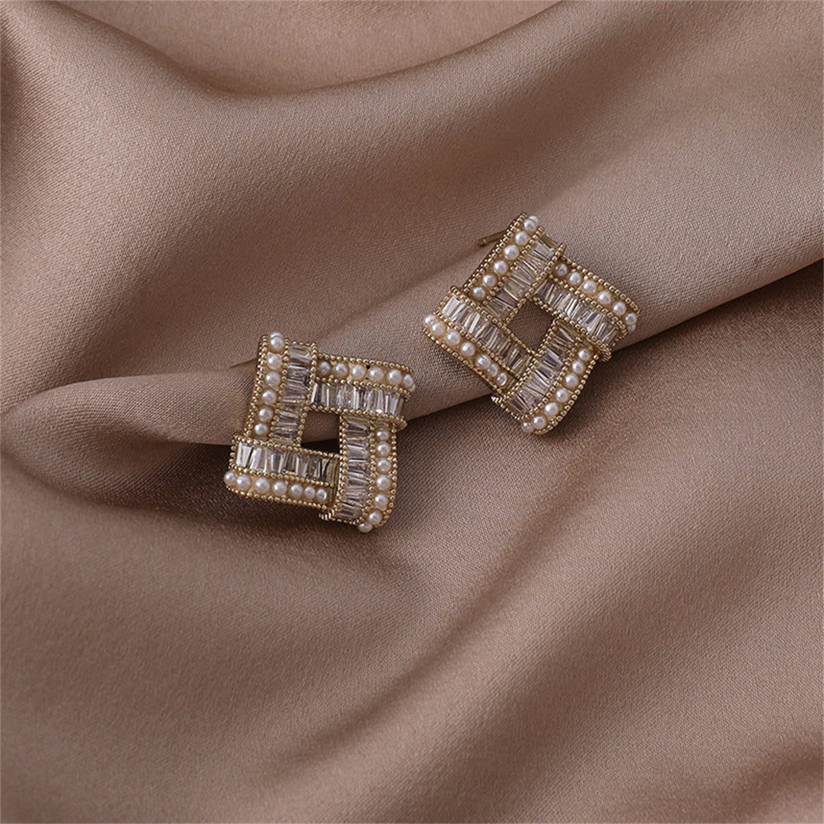 Cubic Zirconia & Pearl Open Square Stud Earrings