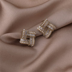 Cubic Zirconia & Pearl Open Square Stud Earrings