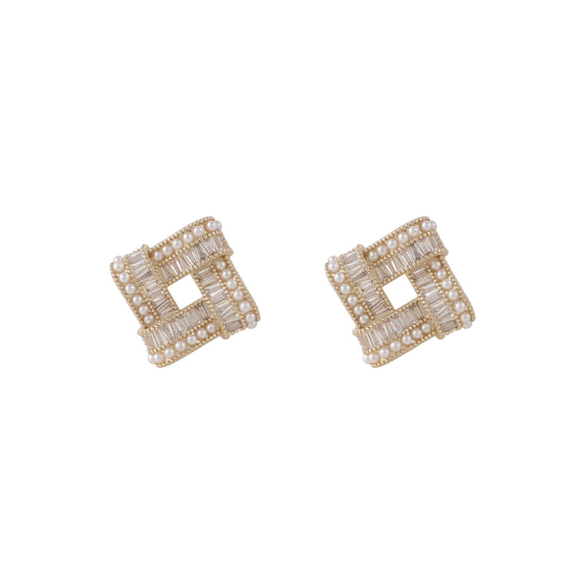 Cubic Zirconia & Pearl Open Square Stud Earrings