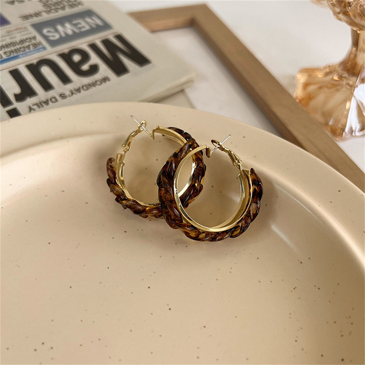 Amber Resin & 18K Gold-Plated Chain Hoop Earrings