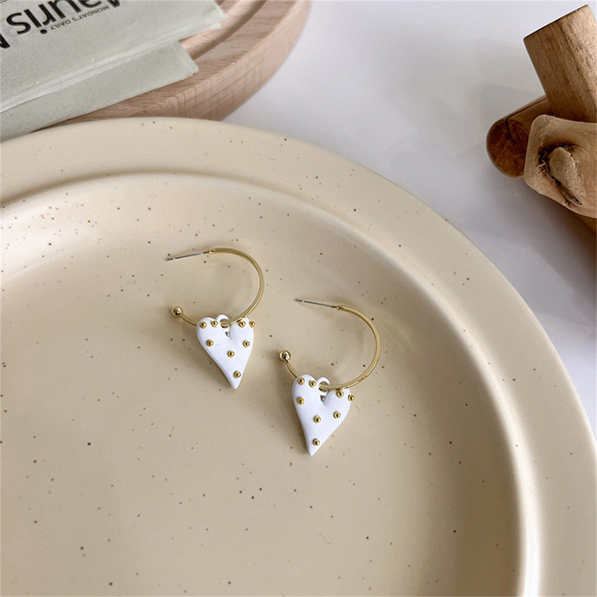 White Enamel & 18K Gold-Plated Spotted Heart Drop Earrings