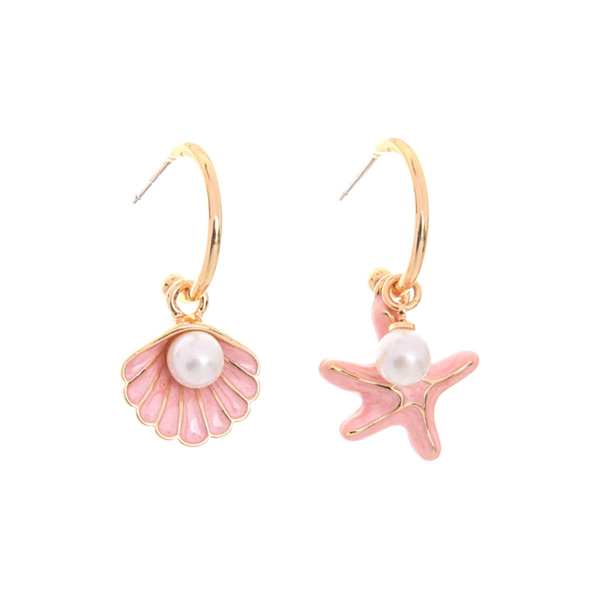 Red Enamel and Pearl 18K Gold-Plated Shell and Starfish Drop Earrings, gold drop earrings for women, front view