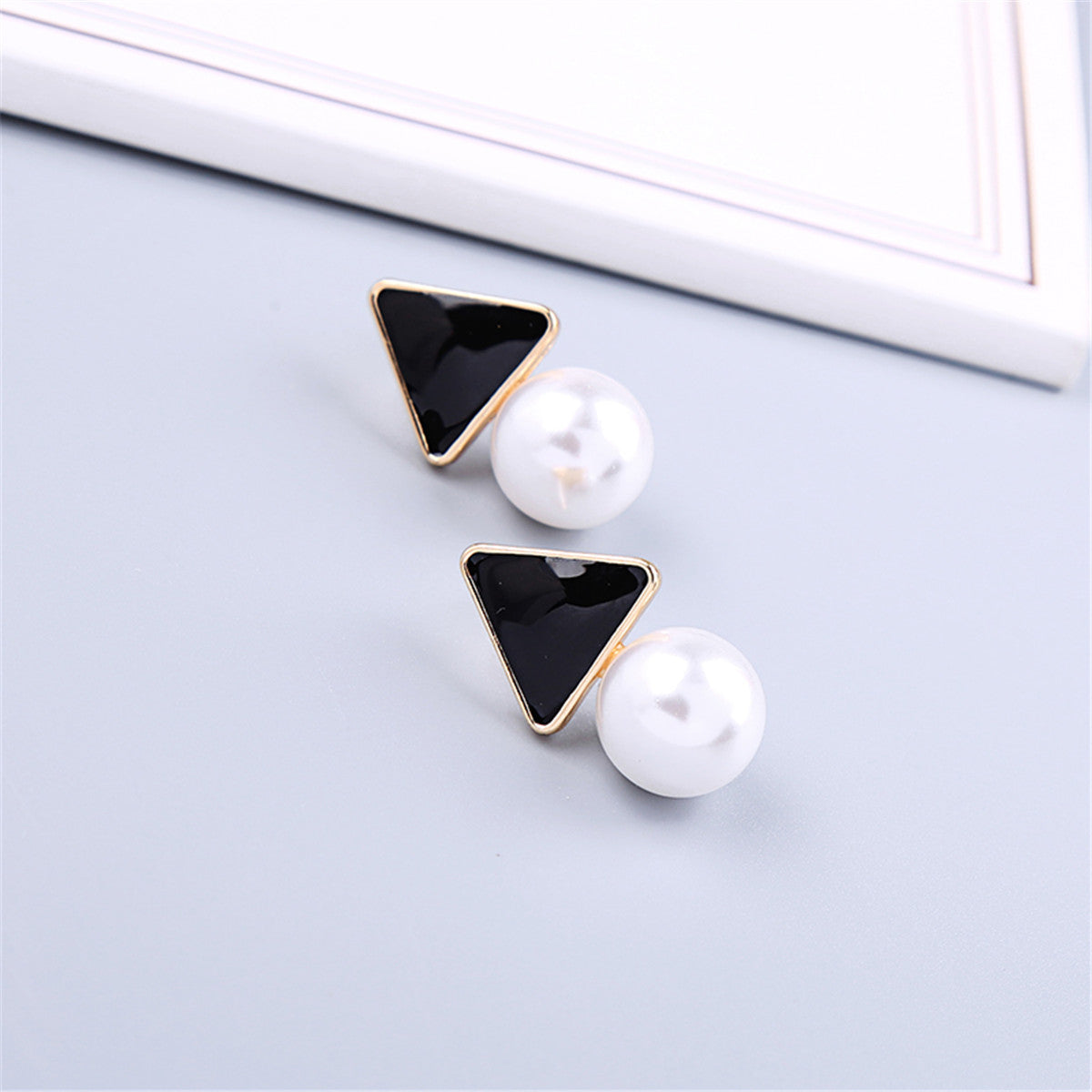 Pearl & Black Enamel 18K Gold-Plated Triangle Drop Earrings
