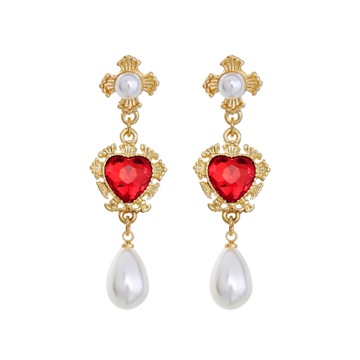 Pearl and Red Crystal 18K Gold-Plated Heart Drop Earrings, gold drop earrings for women, vintage-inspired design, front view