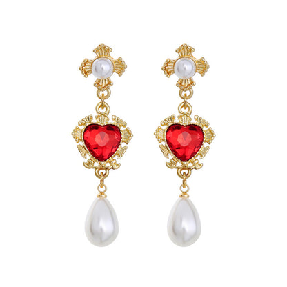Pearl and Red Crystal 18K Gold-Plated Heart Drop Earrings, gold drop earrings for women, vintage-inspired design, front view
