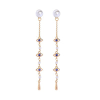 Blue Crystal & Imitation Pearl Linking Eyes Drop Earrings - streetregion