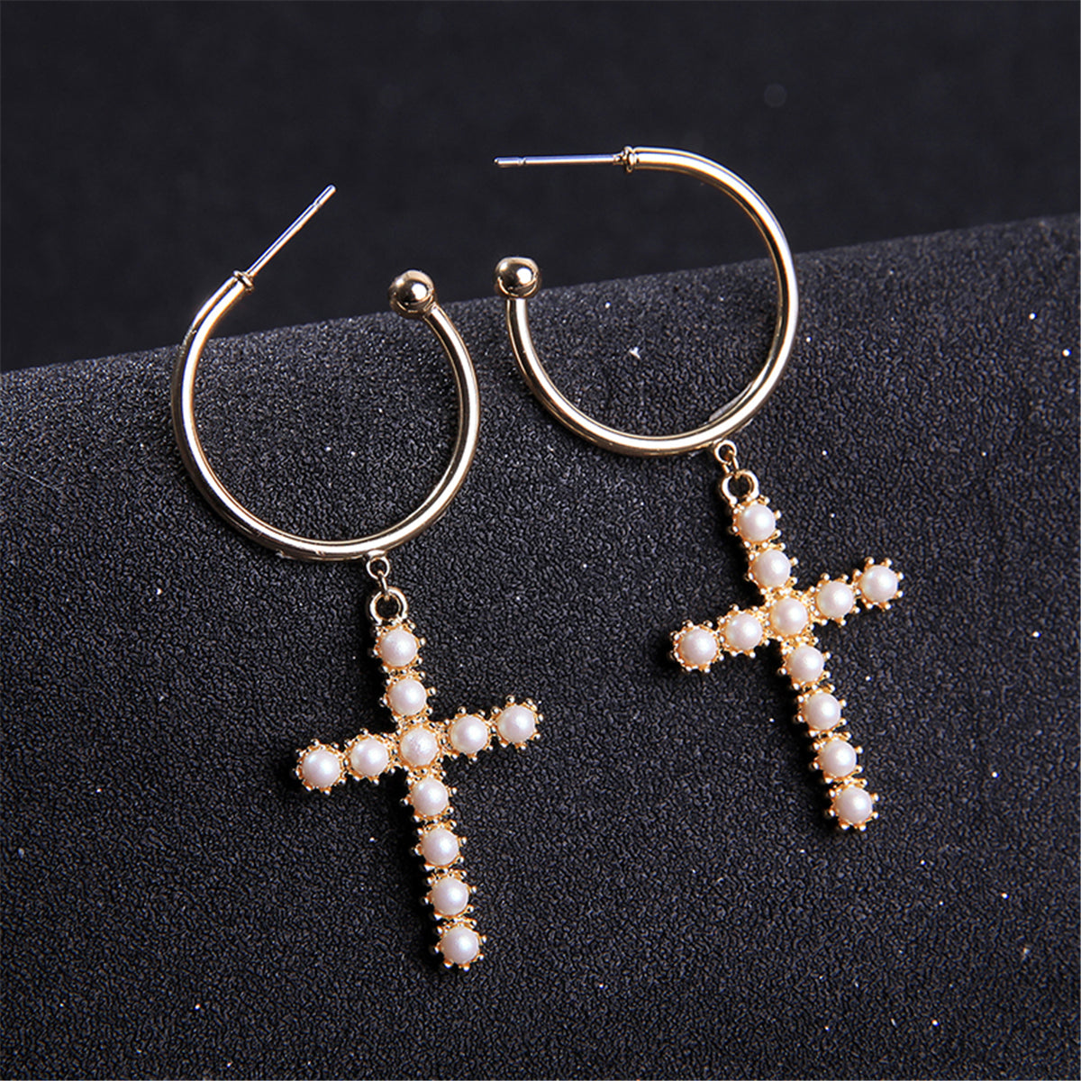 Pearl & 18K Gold-Plated Cross Huggie Earrings