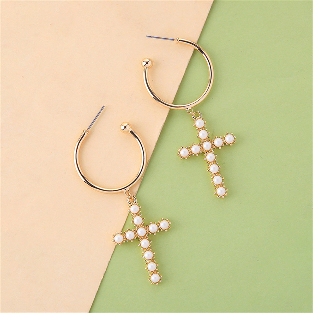 Pearl & 18K Gold-Plated Cross Huggie Earrings