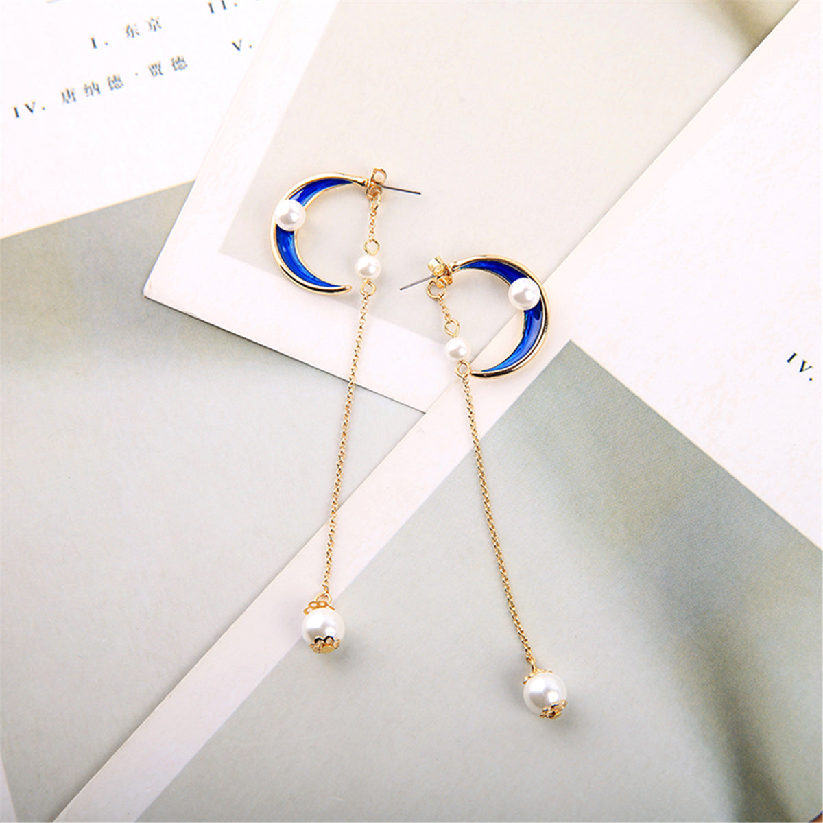 Pearl & Enamel 18K Gold-Plated Moon Chain Drop Earrings