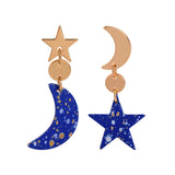 Blue & Goldtone Moon Star Asymmetrical Drop Earrings