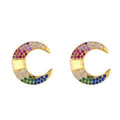 Rainbow Cubic Zirconia & 18K Gold-Plated Crescent Moon Stud Earrings