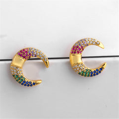 Rainbow Cubic Zirconia & 18K Gold-Plated Crescent Moon Stud Earrings