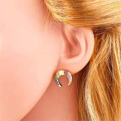 Rainbow Cubic Zirconia & 18K Gold-Plated Crescent Moon Stud Earrings