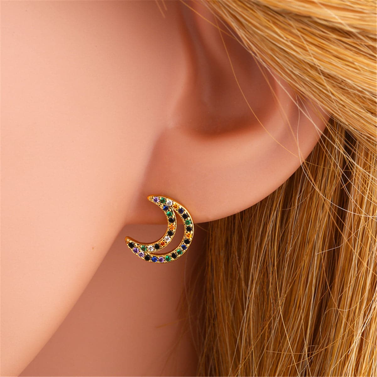 Cubic Zirconia & 18K Gold-Plated Open Moon Stud Earrings