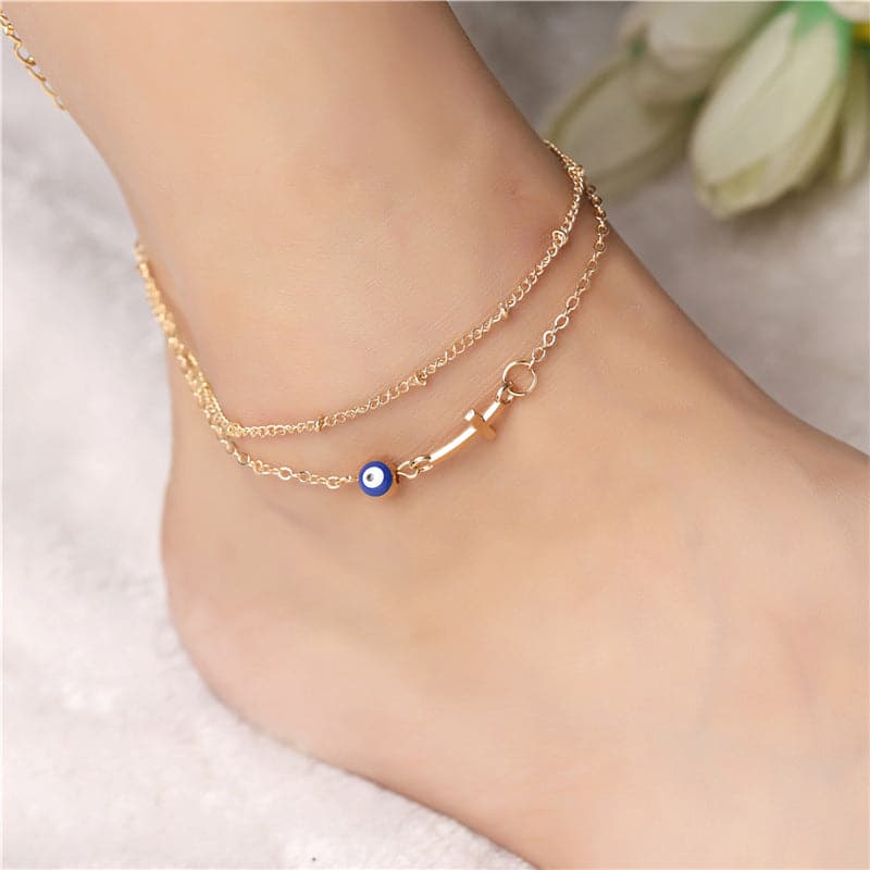 18k Gold-Plated Eye Cross Layered Charm Anklet - streetregion