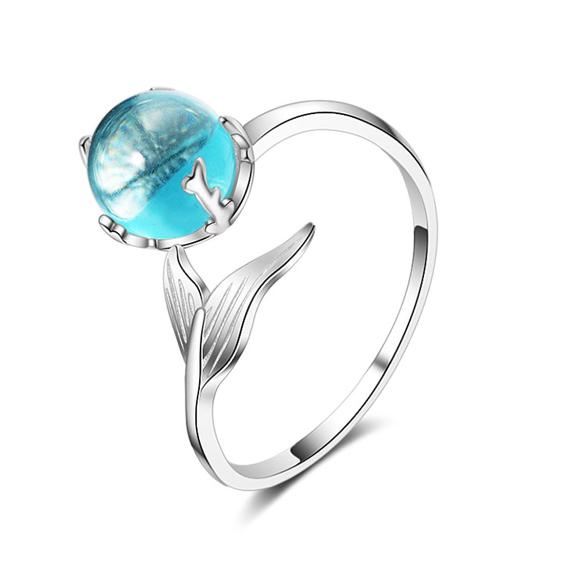 Blue Crystal and Silver-Plated Fishtail Bypass Ring, silver statement rings for women, dainty minimalist design, front view