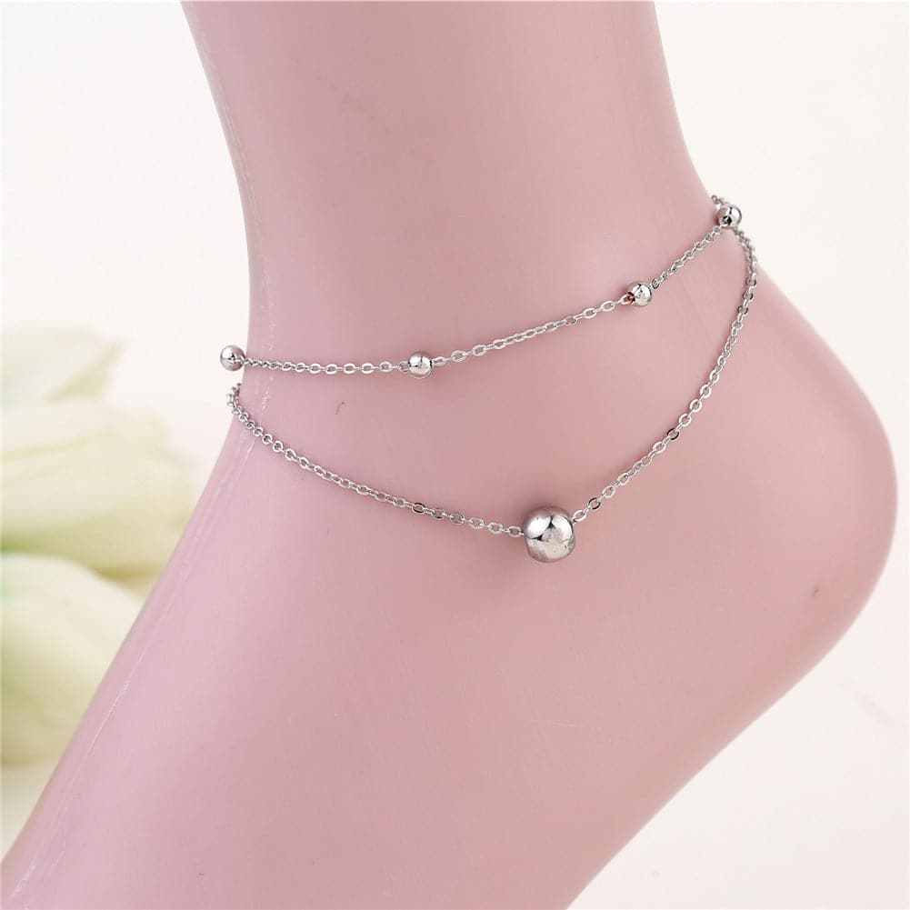 Silver-Plated Beaded Layered Station Charm Anklet