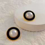 Black Enamel & Pearl Round Stud Earrings