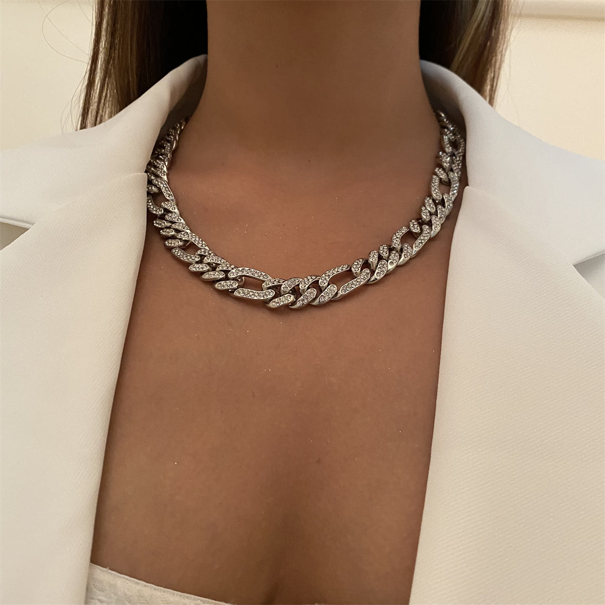 Cubic Zirconia and Silver-Plated Curb Chain Necklace, silver pendant necklace for women, everyday style, front view