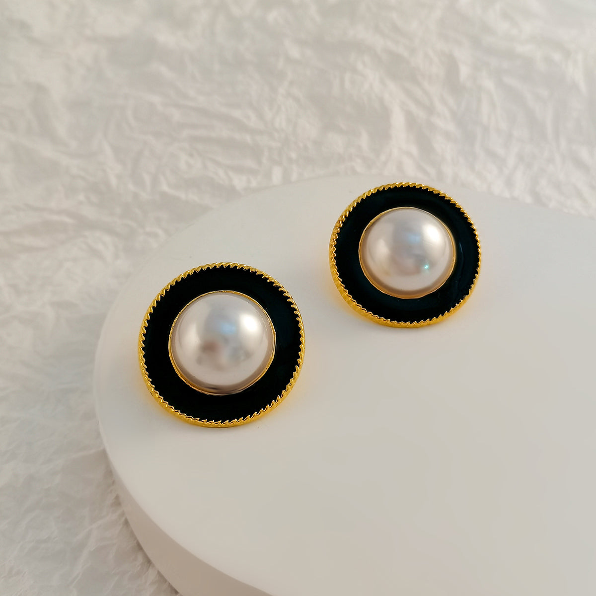 Black Enamel and Pearl Round Stud Earrings, stud earrings for women, botanical inspired, styled look