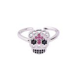 Cubic Zirconia & Silvertone Sugar Skull Open Ring
