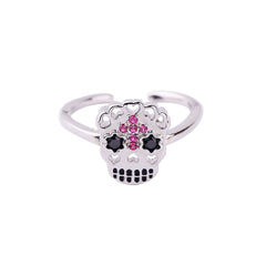 Cubic Zirconia & Silver-Plated Sugar Skull Open Ring