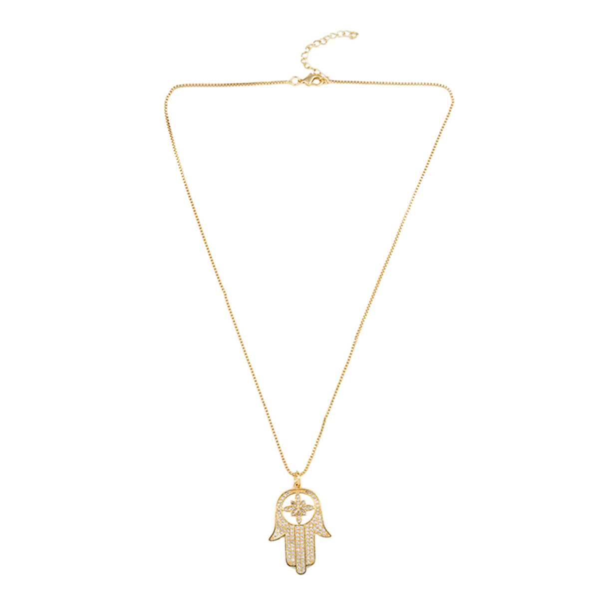Cubic Zirconia and 18K Gold-Plated Hamsa Pendant Necklace, gold pendant necklace for women, botanical inspired, side view