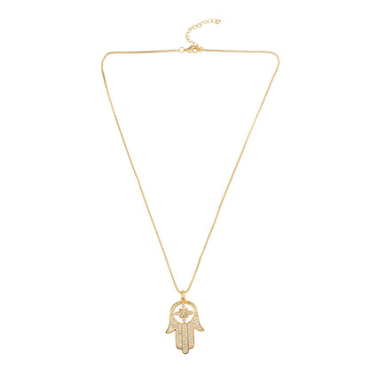 Cubic Zirconia and 18K Gold-Plated Hamsa Pendant Necklace, gold pendant necklace for women, botanical inspired, side view